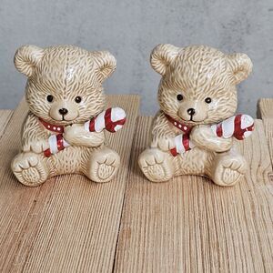 Vintage Ceramic Bear Figurine Set Of Two Holding Candy Canes 3"x 2.5" Minis